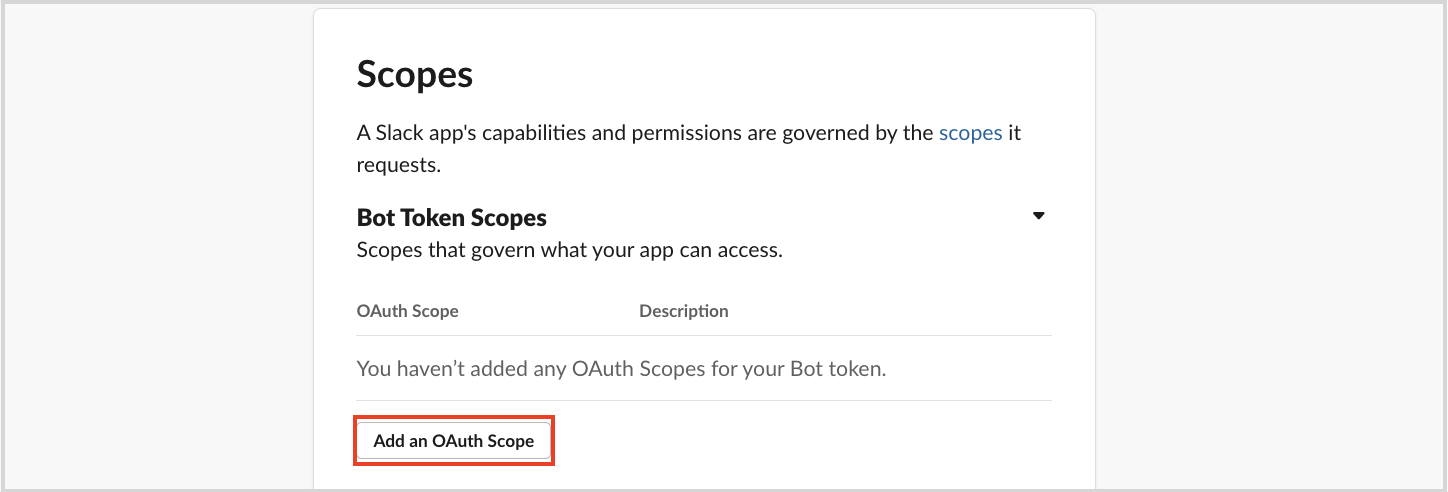 The 'Add an OAuth Scope' button under Bot Token Scopes in Slack settings.