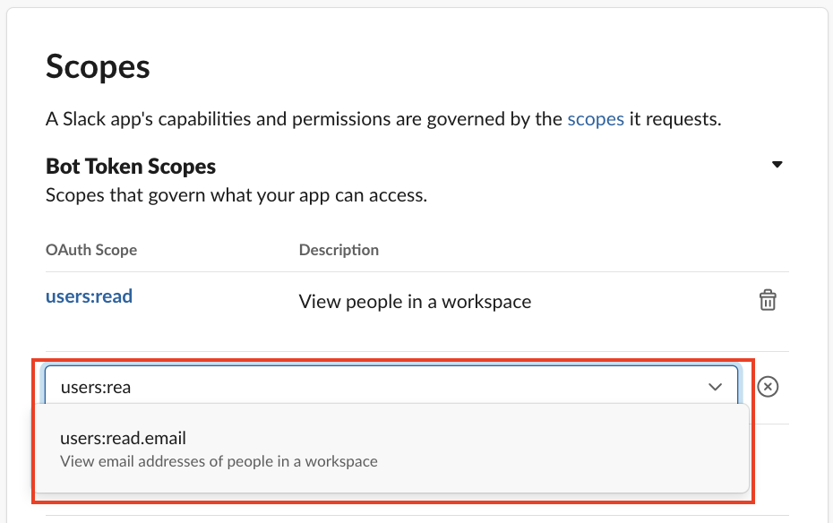 Screenshot showing the required OAuth scopes: users:read, users:read.email, and chat:write.