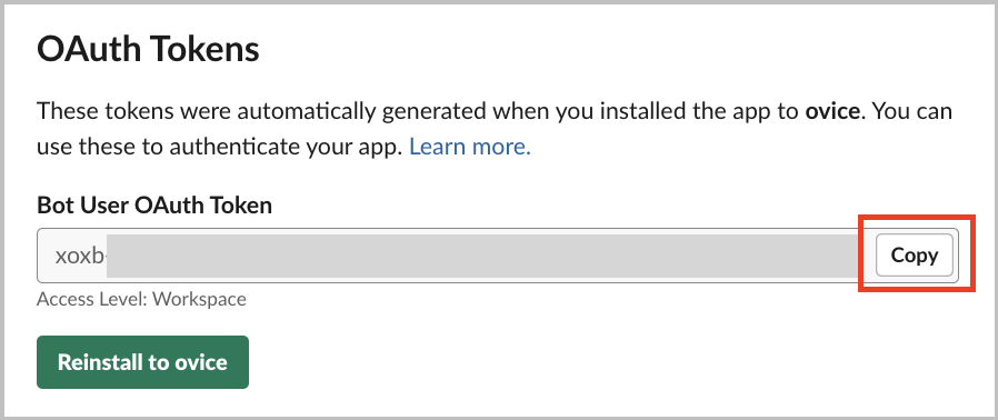 A generated Bot User OAuth Token with a copy button.