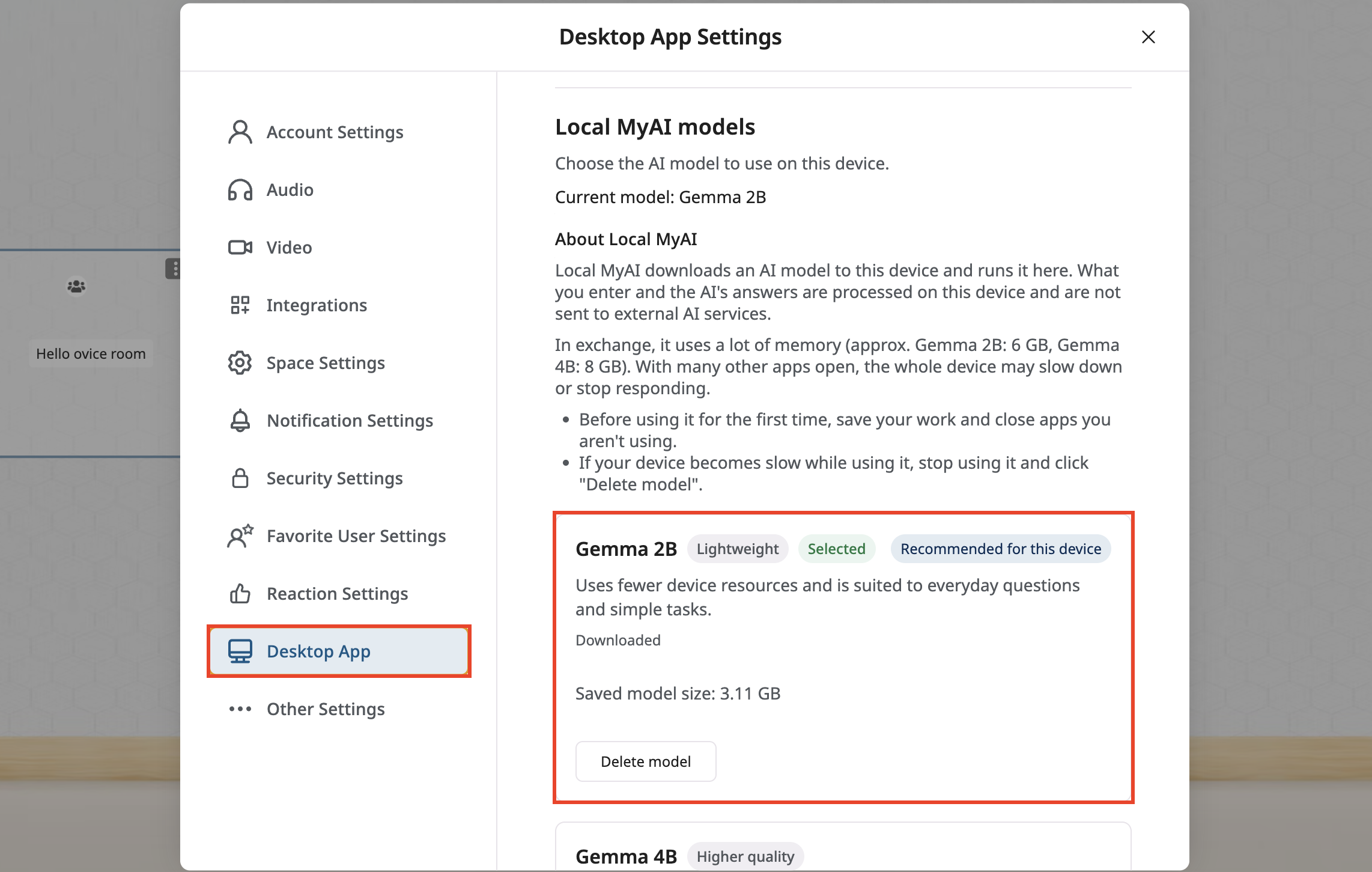 Local MyAI model settings